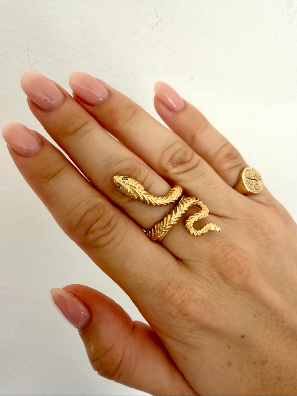 Solid 14k Yellow Gold Snake Wrap Ring with Diamond Eyes